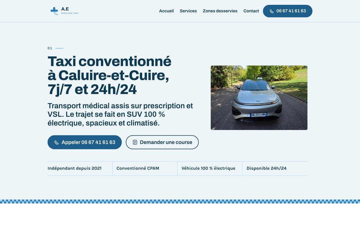 Page d'accueil du site A.E Services Taxi, taxi conventionné à Caluire-et-Cuire, avec la photo du SUV électrique