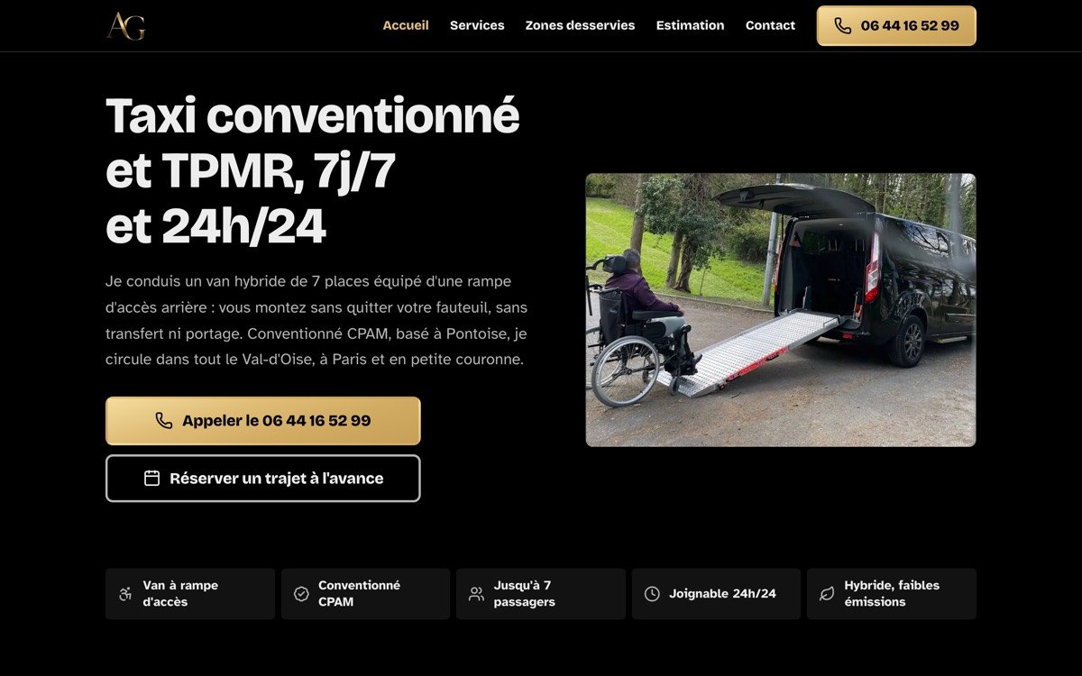 Page d'accueil du site A.G. Taxi, taxi conventionné et TPMR à Pontoise, montrant le van équipé d'une rampe d'accès