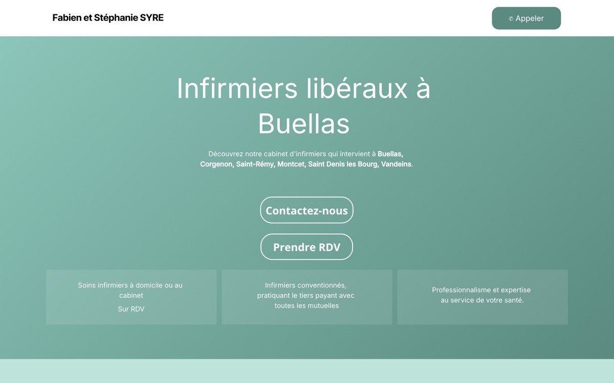 Page d'accueil du site du cabinet d'infirmiers libéraux Fabien et Stéphanie Syre à Buellas, fond vert doux
