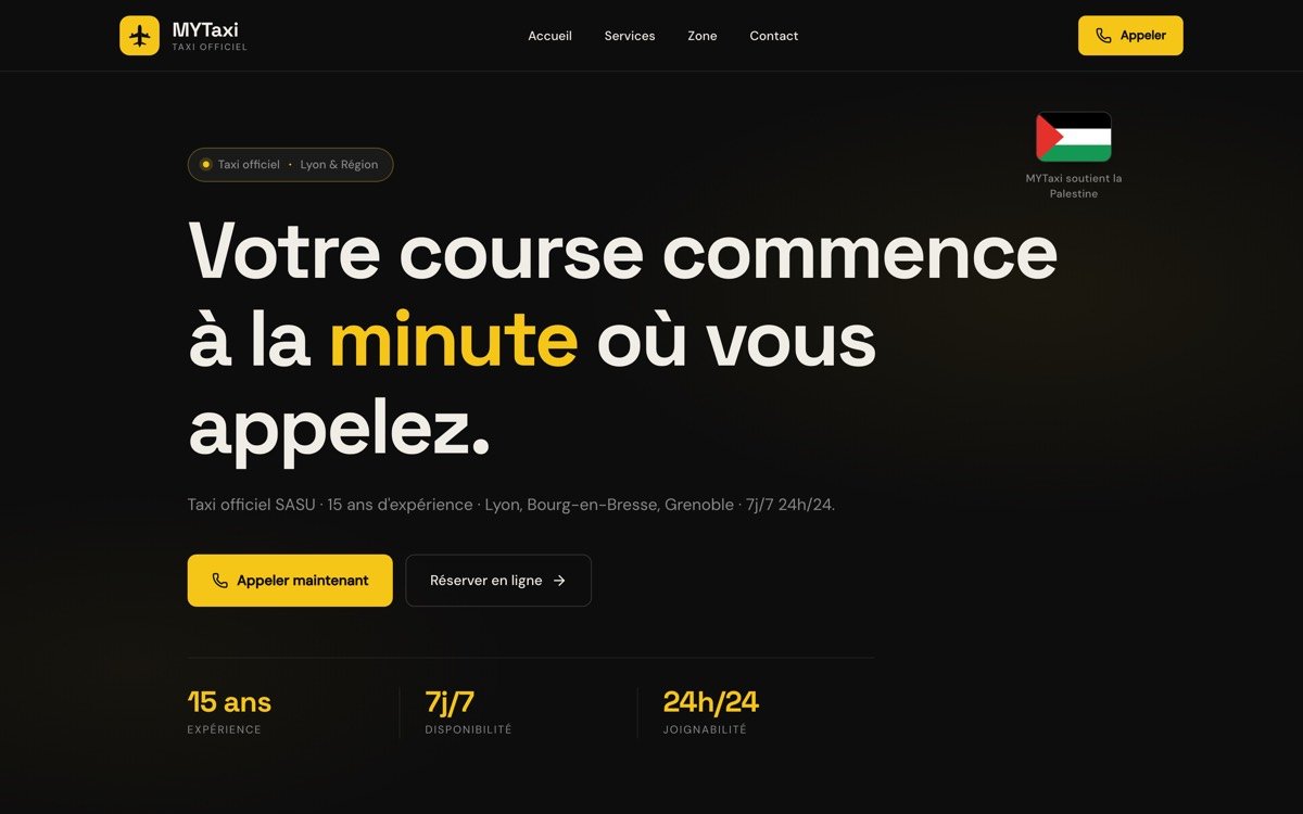 Page d'accueil du site MYTaxi, taxi officiel à Lyon, titre jaune et noir sur fond sombre