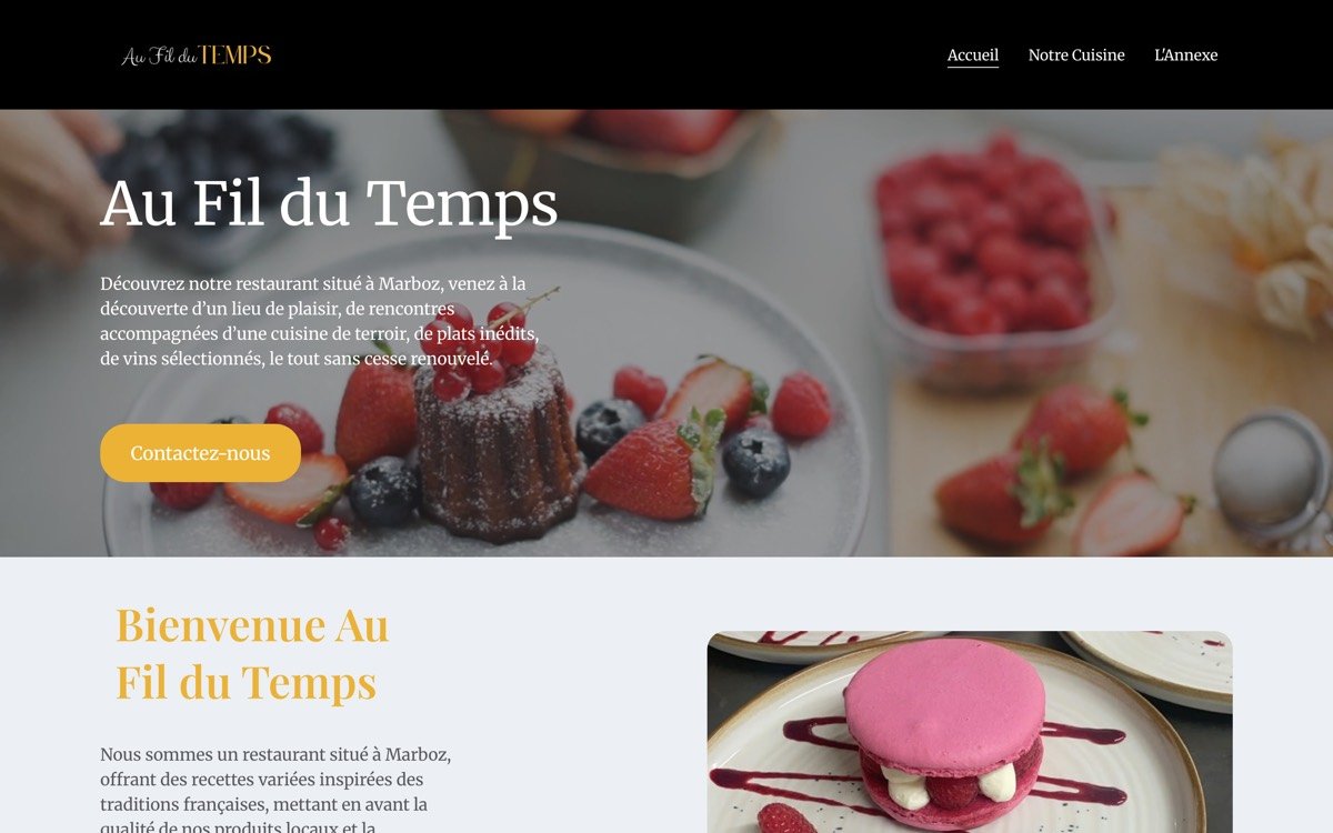Page d'accueil du site du restaurant Au Fil du Temps à Marboz, avec une photo de dessert en grand format