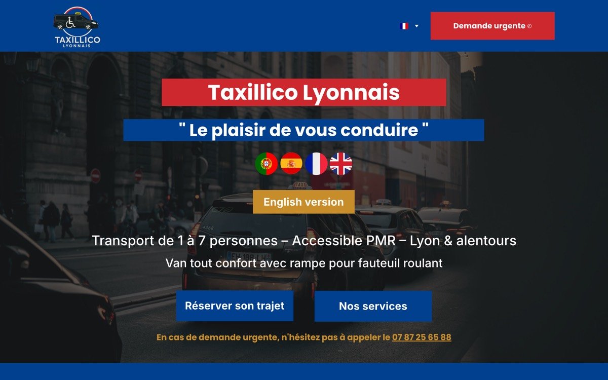 Page d'accueil du site Taxillico Lyonnais, transport PMR à Lyon, avec sélecteur de langues